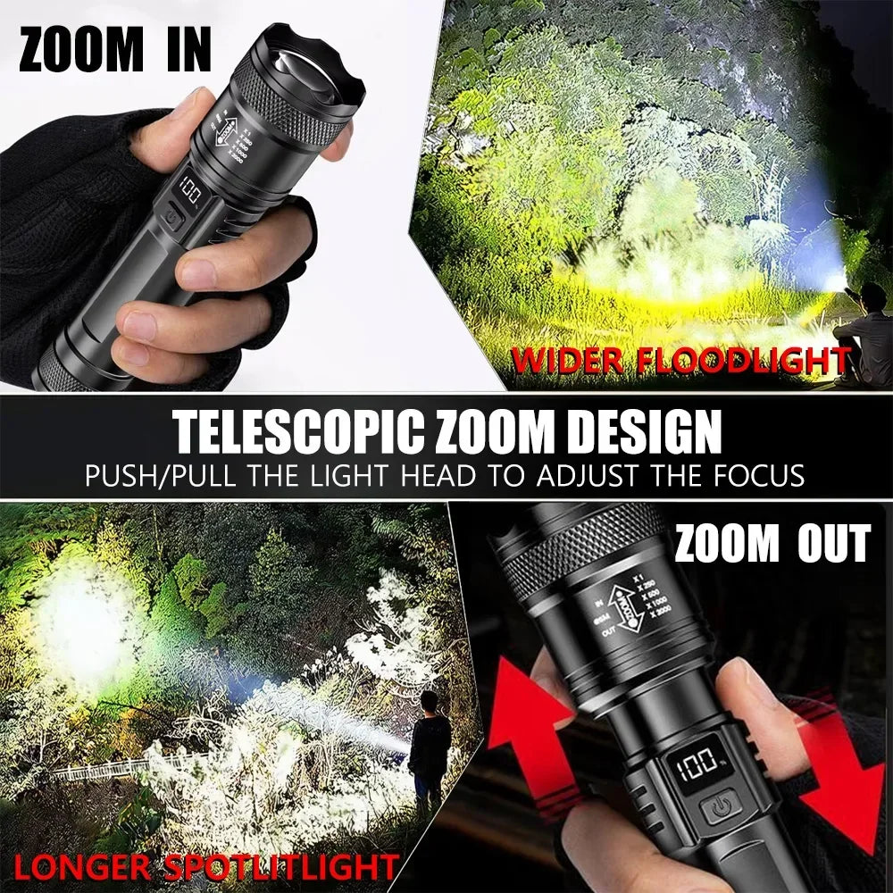 Super Powerful LED Flashlight Battery Display USB Rechargeable Light Telescopic Zoom Torch Lamp Outdoor Camping Fishing Lantern