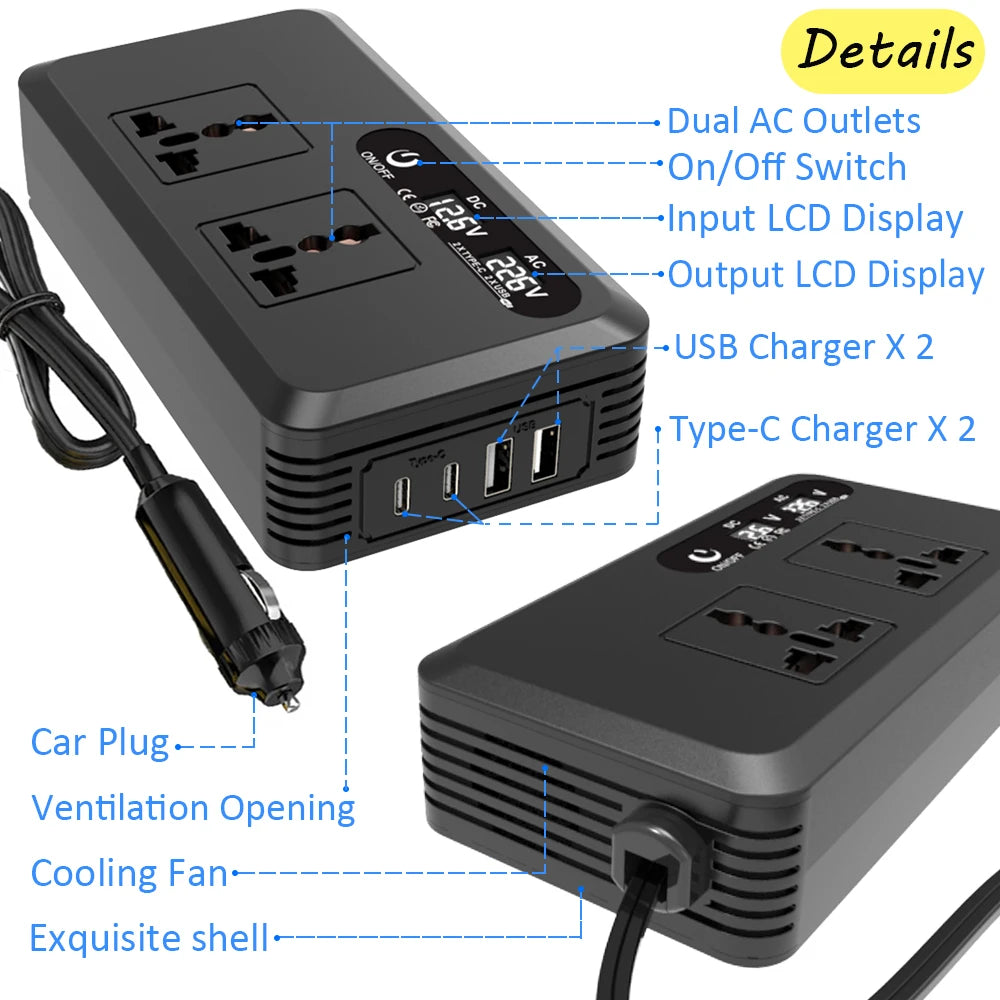 200W Power Inverter Car Mounted Inverter USB Voltage Transformer Portable DC 12V To AC 110V/220V Conversion USB Battery Clip