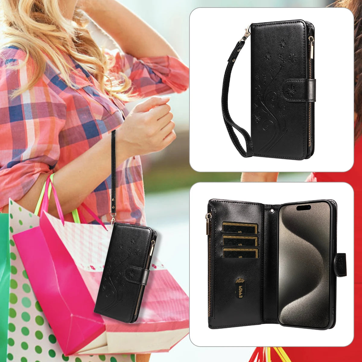 Embossed Zipper Leather Case for Samsung GalaxyS25Ultra S24 S23 S22 S21 S20 S10 S9 S8 Plus FE M33 NOTE10 Series Wallet Cover