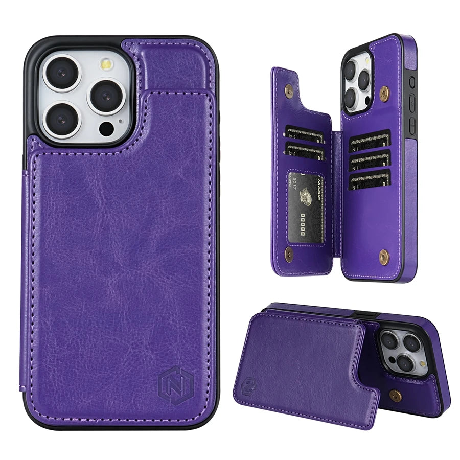 Wallet Solid Color Magnetic Double Buckle RFID Blocking Card Leather Case For iPhone 15 Pro Max 14 Plus 13 12 11 XR XS SE 2 8 7