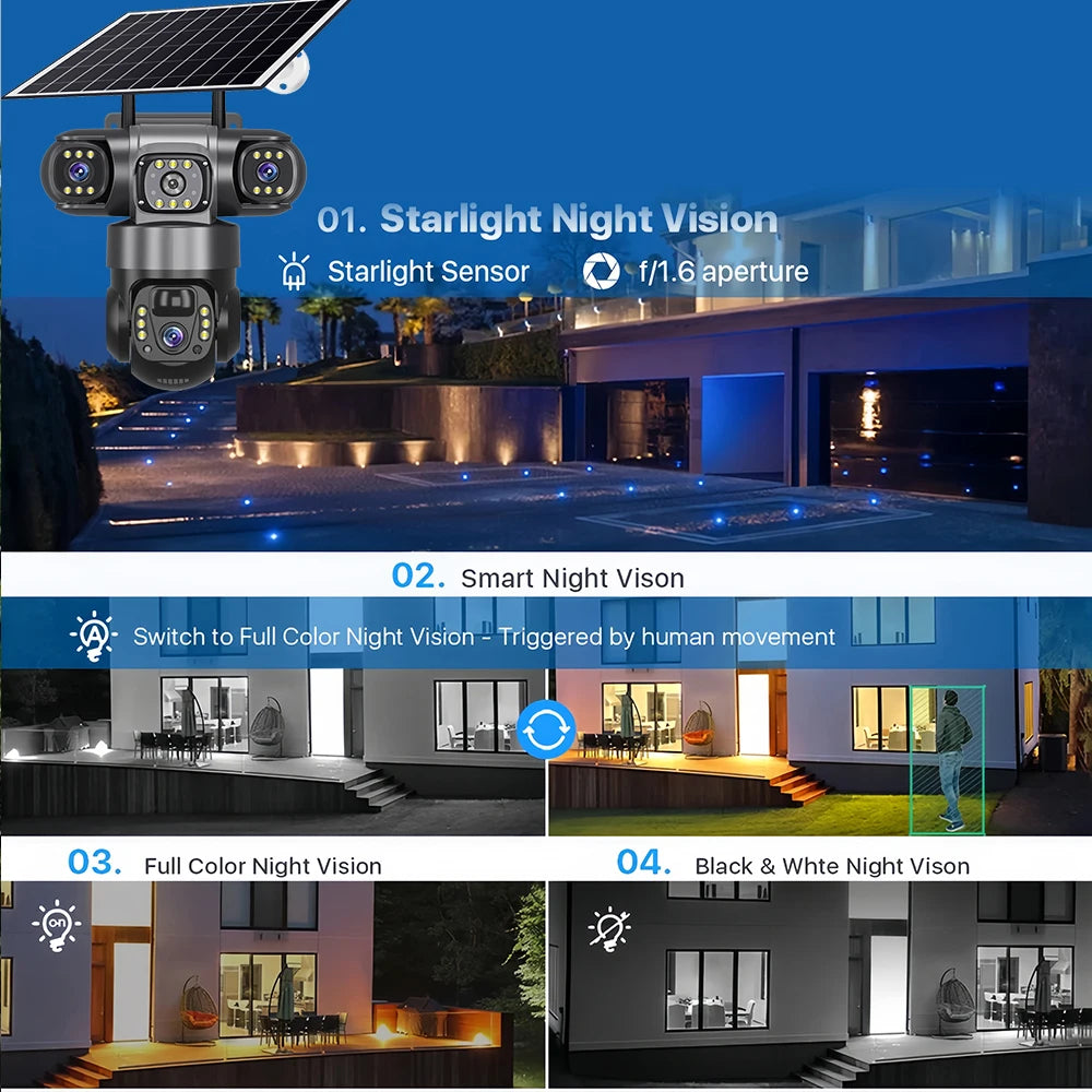 6K 15MP 4G SIM Solar Camera Outdoor 3 Lens 3 Screen Surveillance CCTV PTZ Human Detect Auto Tracking Solar Security Camera V380