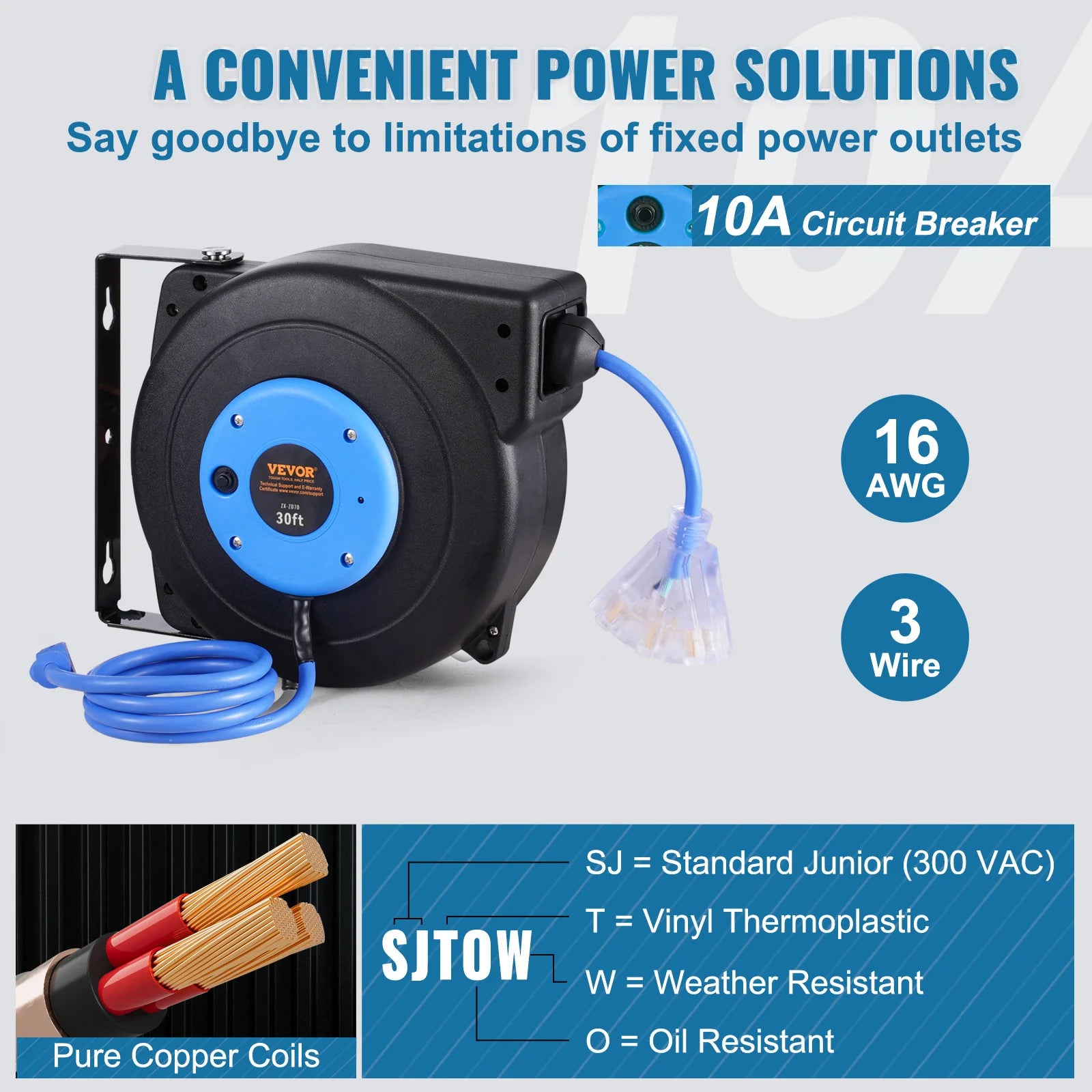 SucceBuy Retractable Extension Cord Reel 30FT Lighted Triple Tap Outlet 10 Amp Circuit Breaker 4.5FT Lead-in Cord Electrical Use