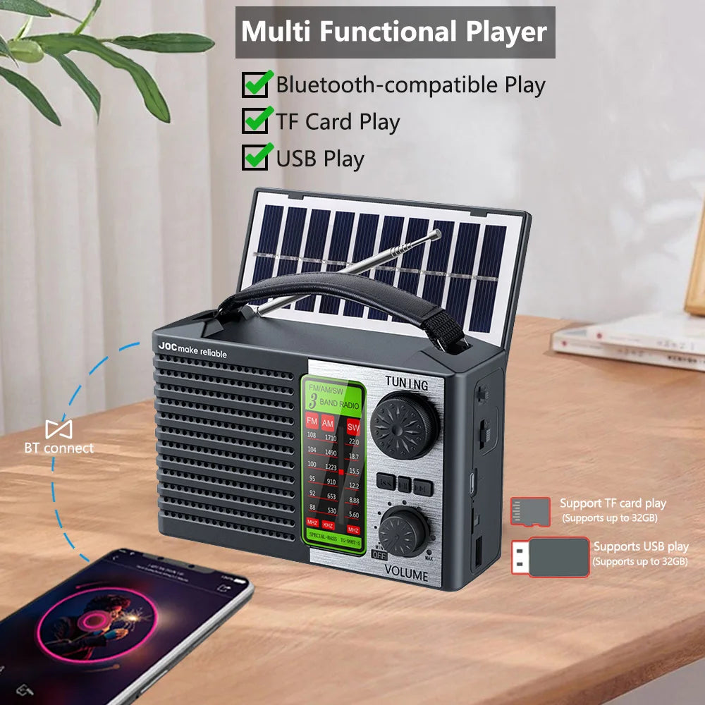 Portable FM AM SW Radio Rechargeable Outdoor Solar Full Band High Sensitivity Radio Receiver with LED Lighting Bluetooth Speaker
