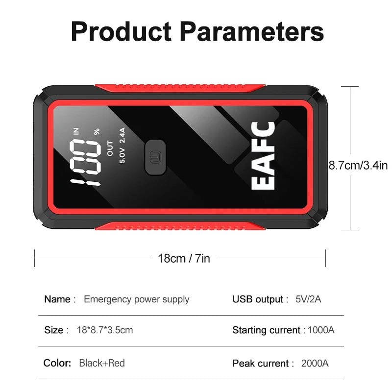 2000A Car Jump Starter Power Bank 12V Output Portable Emergency Start-up Charger 1200A for Cars Booster Battery Starting Device