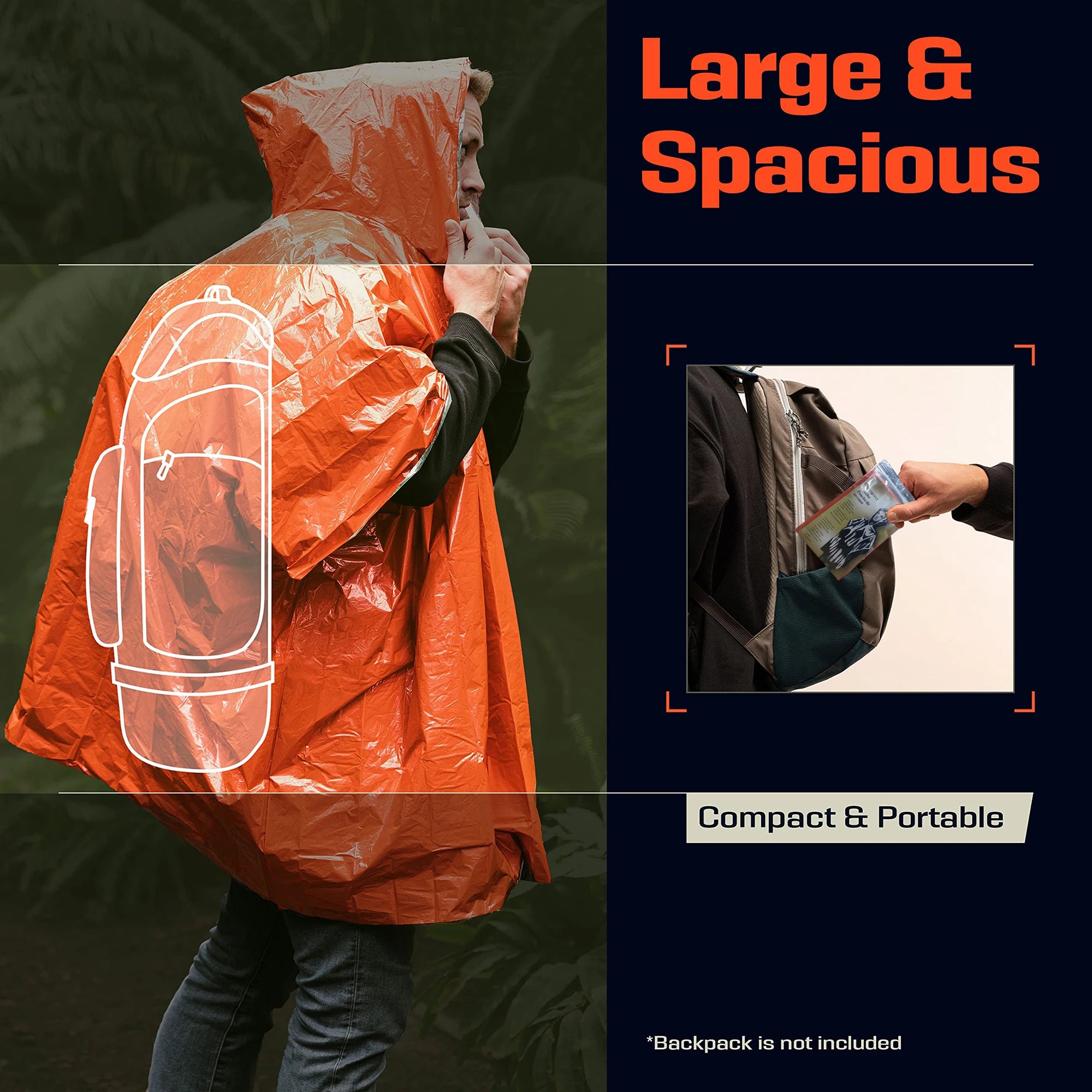 Emergency Rain Poncho with Hood - Water-Resistant & Thermal Mylar Lined, Survival Blankets for Outdoors, Camping Gear