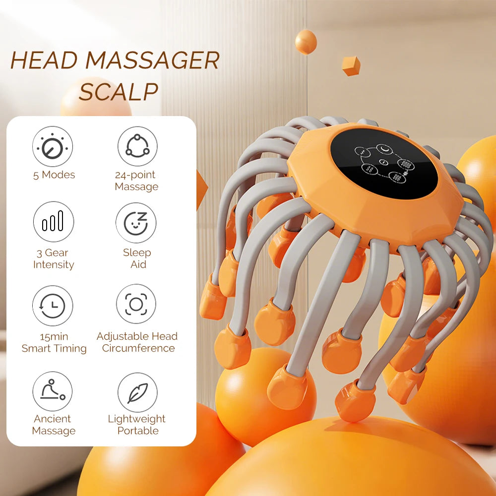 24Massage Heads Electric Scalp Massager Red Light Vibrator Octopus Head Scratcher For Relaxation Stress Migraine