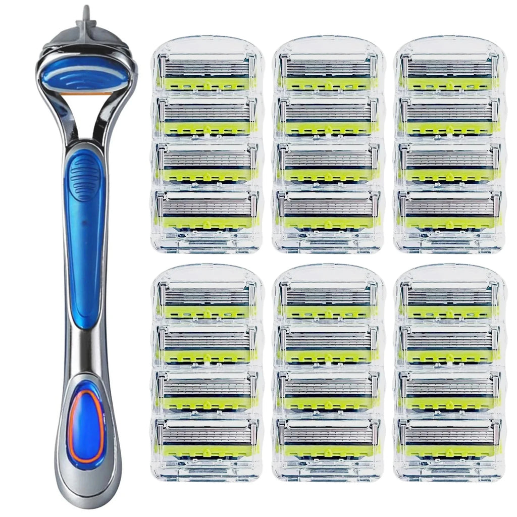 Men's manual safety razor, equipped with precision 5-layer stainless steel blades and ergonomic metal handle, 4-20 replacements