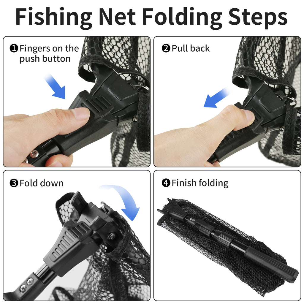 Fishing Landing Net Aluminum Alloy Durable Telescoping Extend to 190cm/130cm/55cm Folding Mesh Safe Fish Catching Releasing