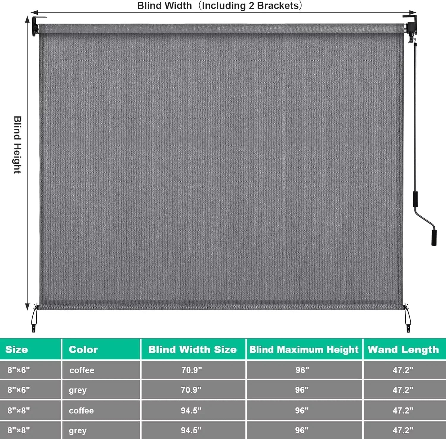 Outdoor Roller Sun Shade HDPE Patio Privacy Shades Screen Aluminum,Cordless Patio Roll Up Blinds, Exterior Shade Cloth Roll