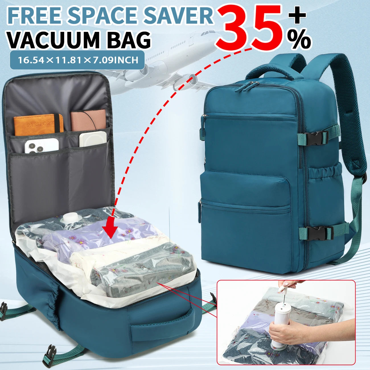 Vacuum Storage Travel Backpack, Airline Carry-On Bag, Business Laptop Backpack & Tote Bag for Men and Women