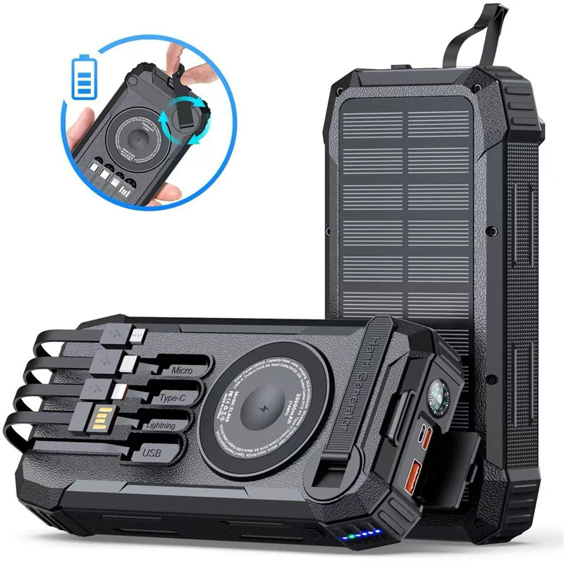 30000mAh Hand Crank Solar Power Bank Magnetic Wireless 22.5W Fast Charging for Airpods iWatch for iPhone 16 Powerbank with Light