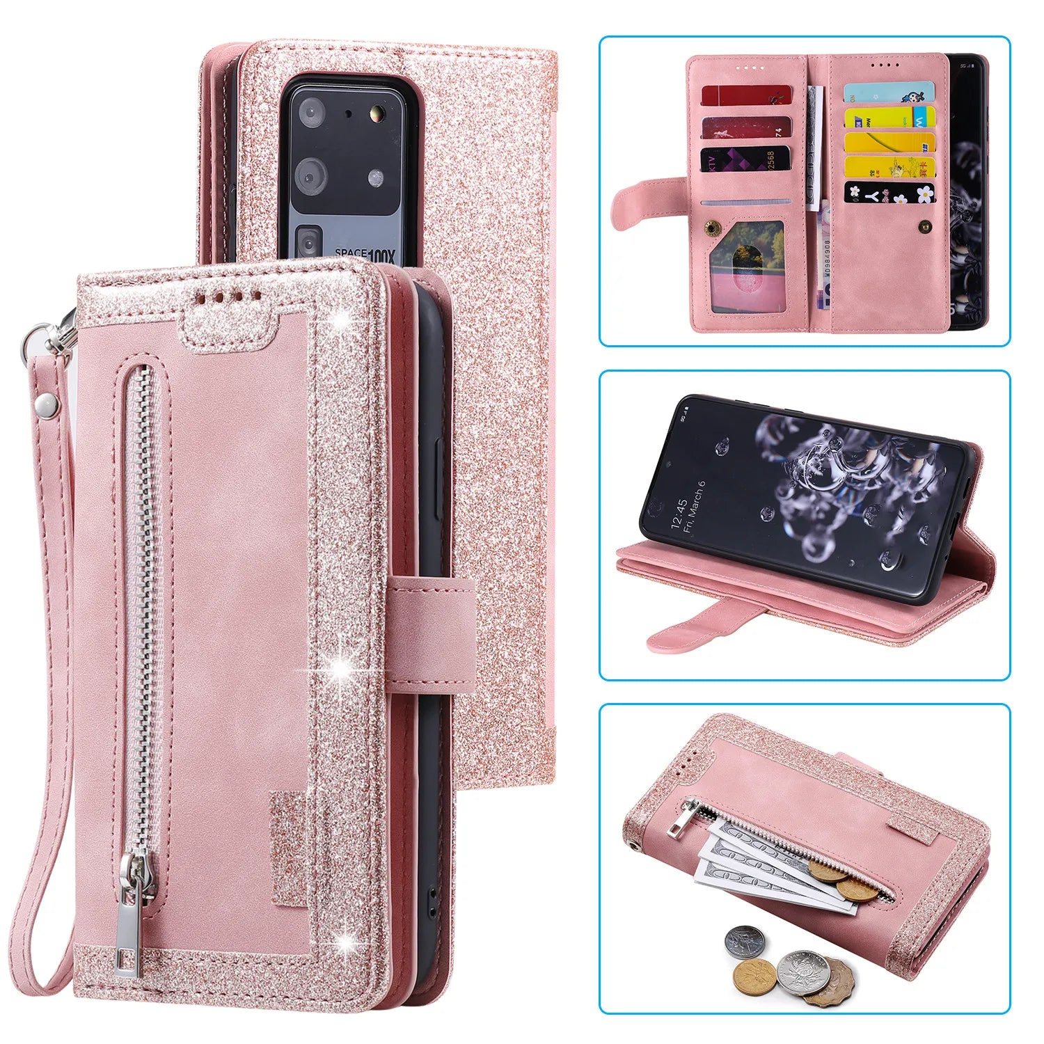 Zipper Wallet Case for Samsung Galaxy S25Ultra S24 Ultra 24FE S25 Plus Leather Case Kickstand Phone Cover Cash Cards Pocket