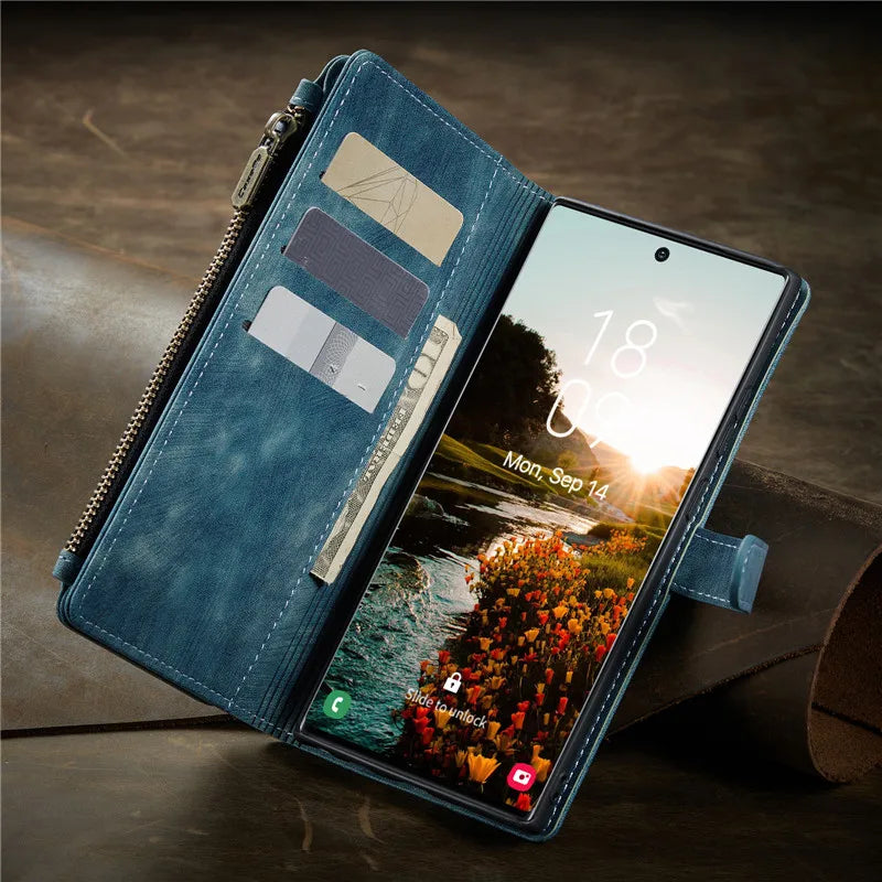 Flip Leather Phone Case For Samsung Galaxy S25 Edge S24 Ultra S23 FE S22 S21 S20 Plus Note 20 A16 A56 Zipper Wallet Card Cover