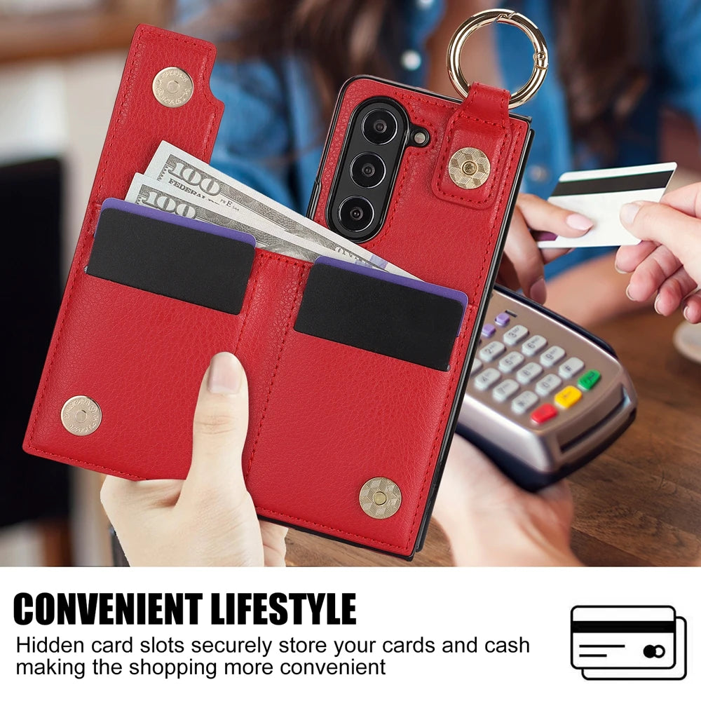 Ring Bucket Wallet Phone Case For Samsung Galaxy Z Fold7 Z Fold 6 5 7 4 3 Leather Case Kickstand Pen Cash Card Slots Phone Cover