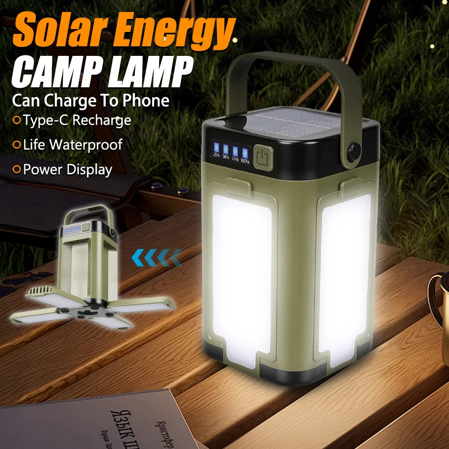 Solar Rechargeable LED Camping Lamp 4 Leaf Foldable Tent Lamp Warm Fire Atmosphere Lamp Outdoor Emergency Lighting Torch Lantern