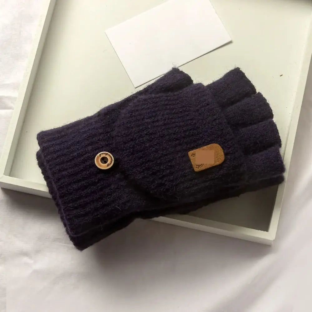1 Pair Knitted Flip Gloves Wool Gloves Exposed Finger Thickening Winter Warm Touch Screen Fingerless Gloves