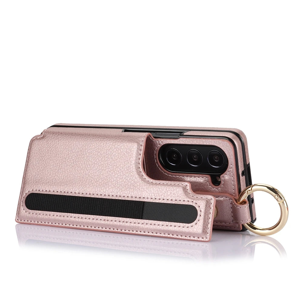 Ring Bucket Wallet Phone Case For Samsung Galaxy Z Fold7 Z Fold 6 5 7 4 3 Leather Case Kickstand Pen Cash Card Slots Phone Cover