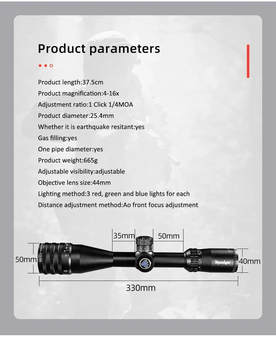 Tactical 4-16x44 AOE Riflescope Hunting Scopes Tactical Airsoft Luneta Para Rifle De Caça Red Green Illuminated Sight Sniper