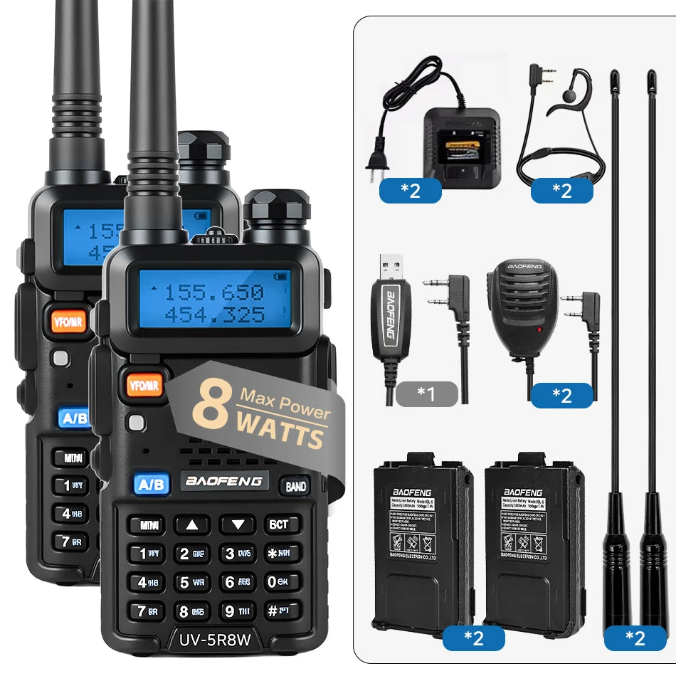 1/2PCS BaoFeng UV-5R 8W Tri-Power Walkie Talkie High Power Dual Band Long Range 128 CH Portable Handheld UV 5R Ham Two Way Radio