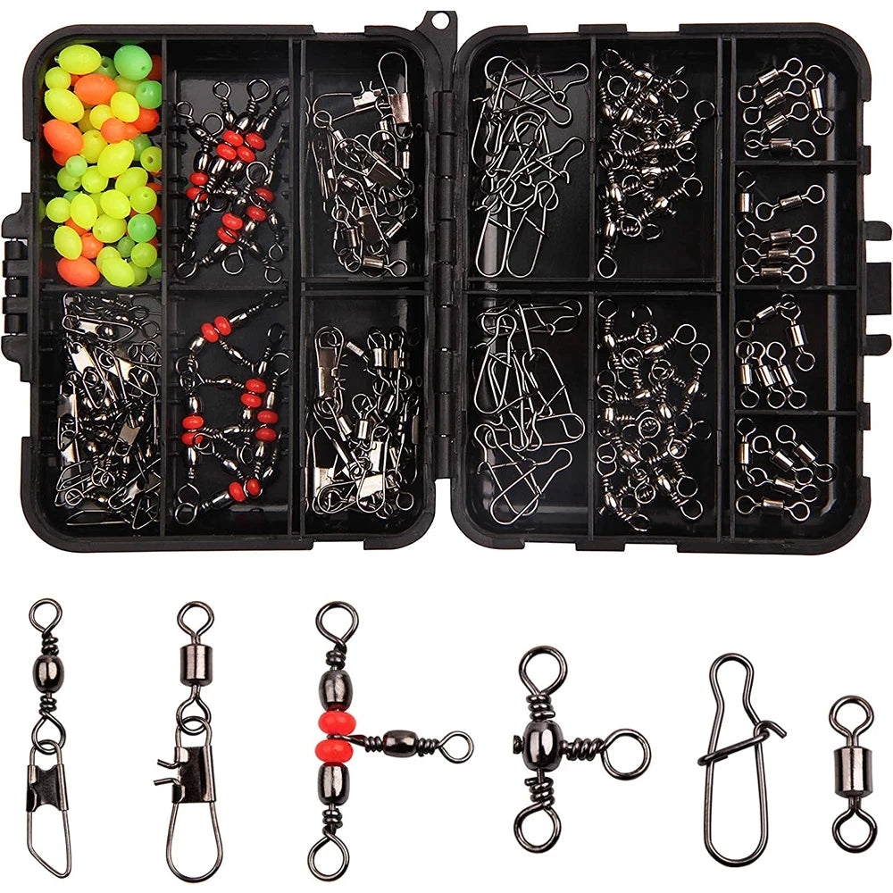 140pcs/box Fishing Swivel Snaps Kit - Ball Bearing Swivels, Triple Swivel Connectors, and Barrel Snap Clips