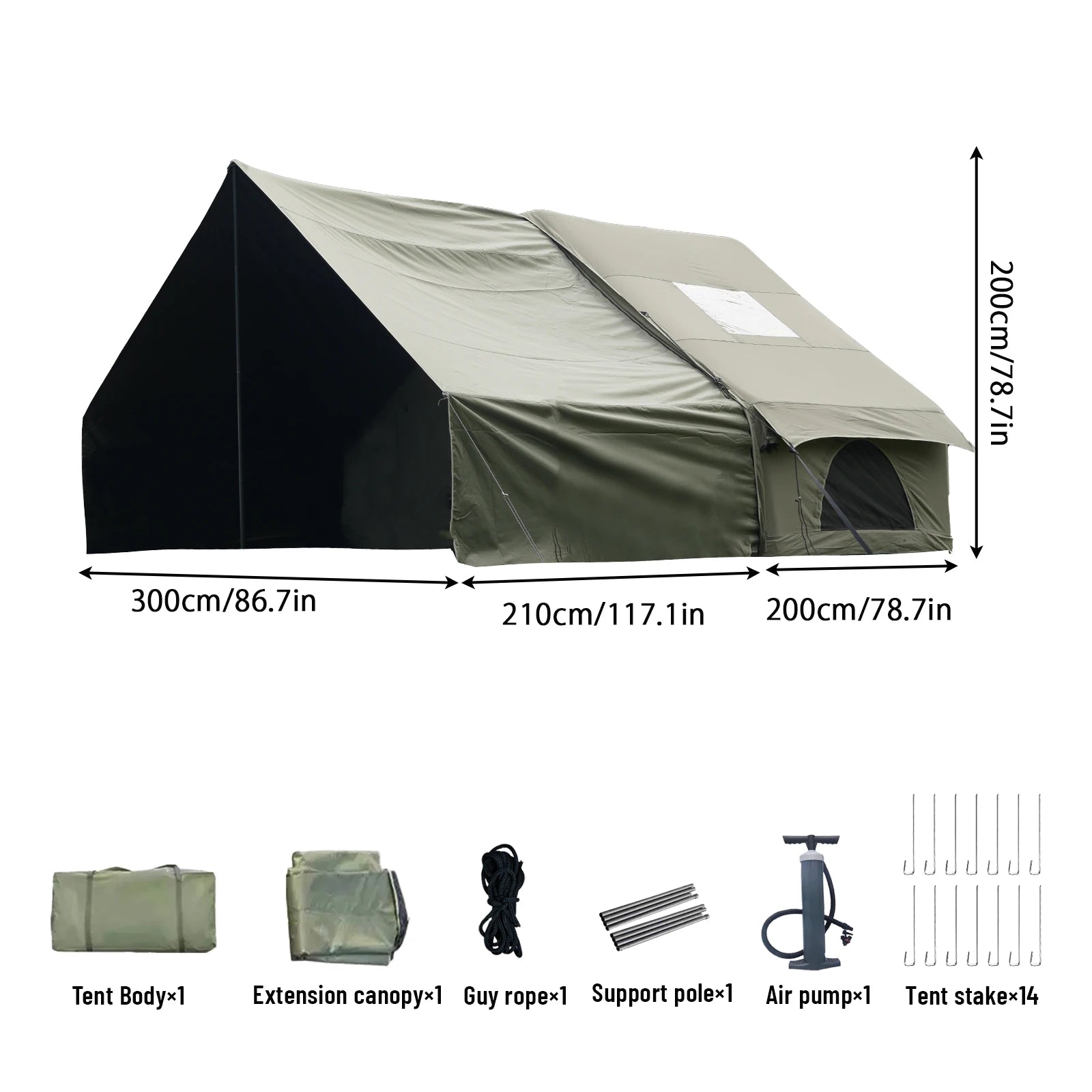 PAKICETUS 8-Person Inflatable Glamping Tent, Green Tent with Mesh Windows & Hand Pump with Extra-Large Canopy Living Room