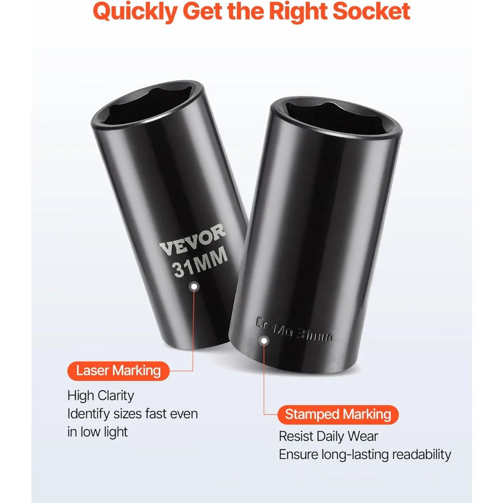 VEVOR 1/4, 3/8 & 1/2 Inch Drive Impact Socket Set, 210-Piece Full Metric/Standard with Extensions & Universal Joint, 3 Cases