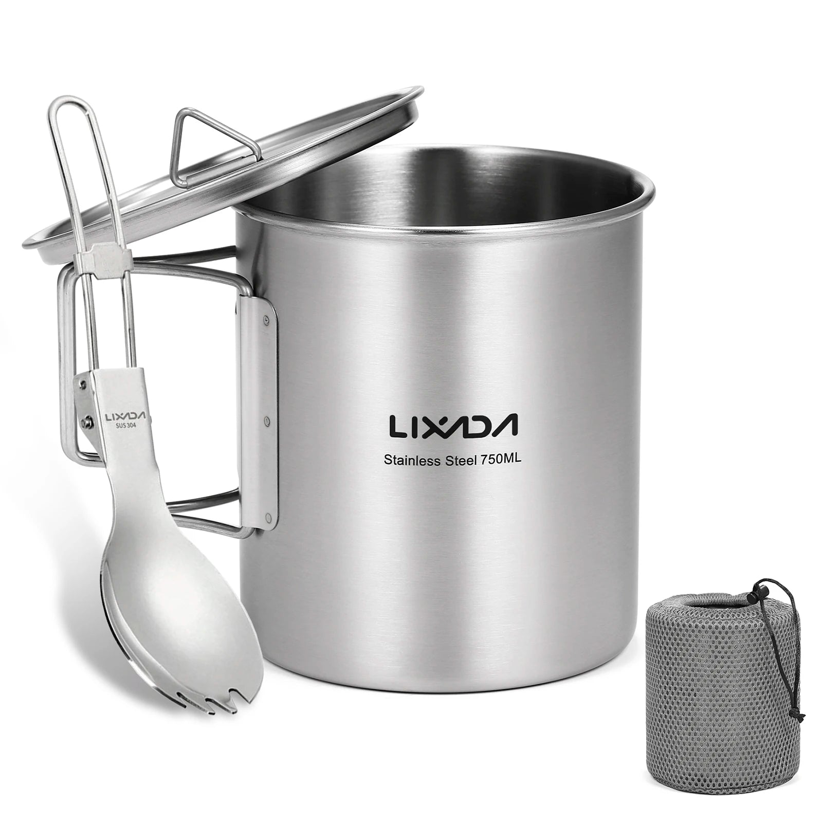 LIXADA Portable 750ml Stainless Steel Pot Water Mug Cup with Lid and Foldable Handle Outdoor Camping Cooking Picnic Drinkingware