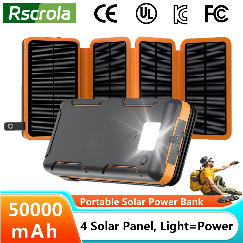 Portable Solar Power Bank,50000mAh External Solar Power Supply,Compatible with IOS Android USB-A And USB-C Charging Outdoor Camp