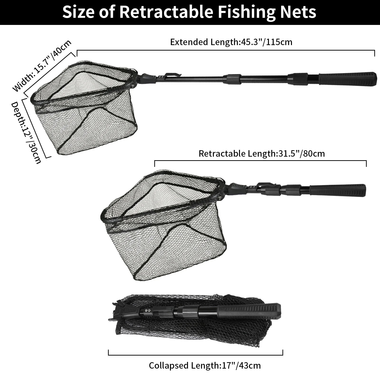 Fishing Landing Net Aluminum Alloy Durable Telescoping Extend to 190cm/130cm/55cm Folding Mesh Safe Fish Catching Releasing