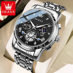 OLEVS 2856 Quartz Watch for Men Flywheel Skeleton Chronograph Moon Phase