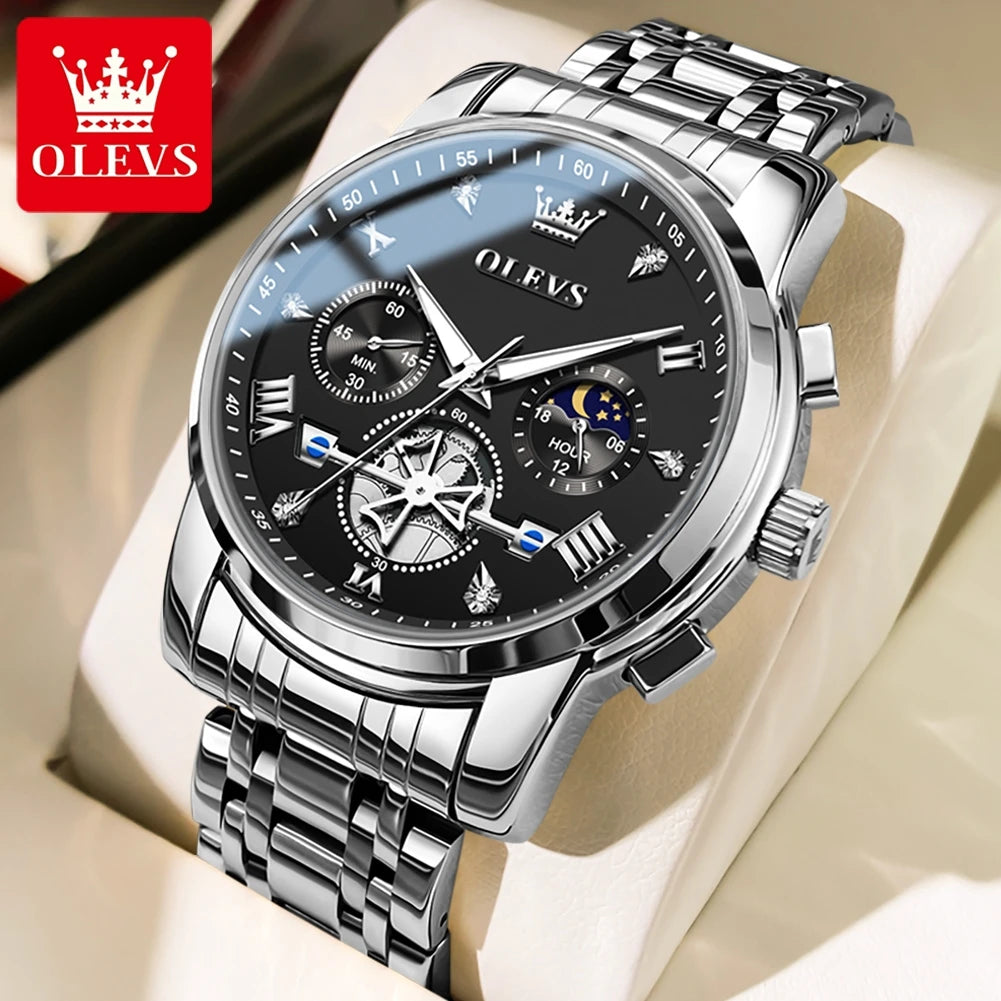 OLEVS 2856 Quartz Watch for Men Flywheel Skeleton Chronograph Moon Phase