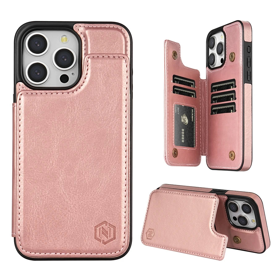 Wallet Solid Color Magnetic Double Buckle RFID Blocking Card Leather Case For iPhone 15 Pro Max 14 Plus 13 12 11 XR XS SE 2 8 7