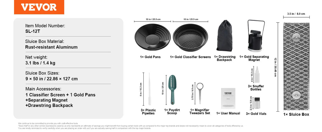 VEVOR Gold Panning Kit With Mini Sluice Box,12/50In Aluminum Gold Mining Equipment, 16/23 PCS Prospecting Kit with Gold Pan