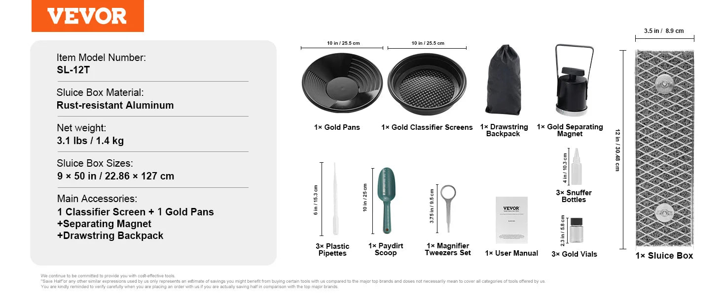 VEVOR Gold Panning Kit With Mini Sluice Box,12/50In Aluminum Gold Mining Equipment, 16/23 PCS Prospecting Kit with Gold Pan
