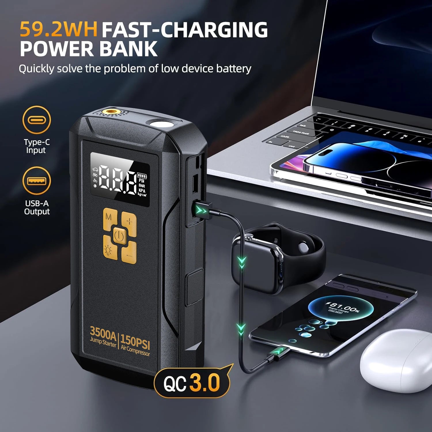 Jump Starter with Air Compressor 3500A Jump Starter 150PSI Air Pump Multifunctional Tire Inflator Power Bank Lighting for Car