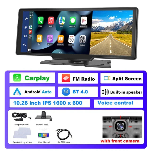 Podofo 10.26" Dash Cam 4K Rearview Camera Wireless Carplay Android Auto GPS with Voice Control Dashboard DVR Car Monitor