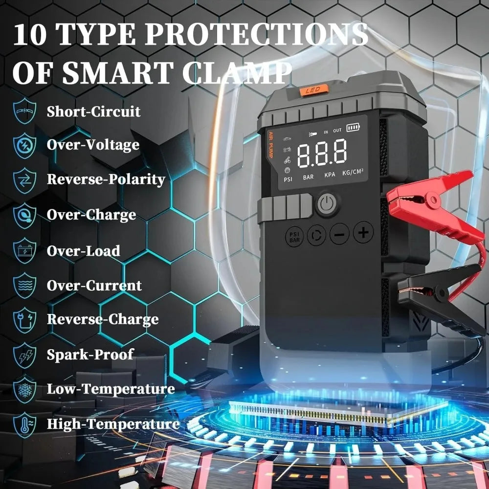 Car Jump Starter with Air Pump 3000A Peak Starter Box 150PSI Digital Tire Inflator Car Battery Jump Starter With Air Compressor