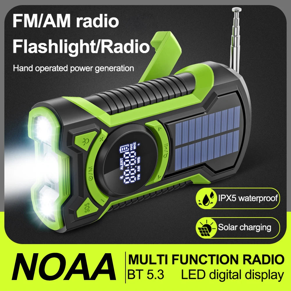 Solar Emergency Weather Radio 5000mAh Hand Crank AM/FM/NOAA Portable Emergency Radio Bluetooth5.3 SOS Alarm for Outdoor Survival
