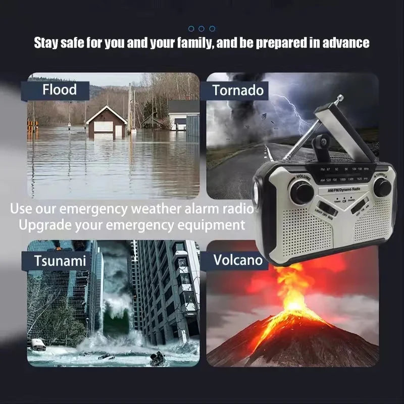 Solar Radio, AM/FM Portable Crank Radio Dynamo Emergency Radio with 4000 mAh Rechargeable Battery, LED Torch, SOS Alarm for Camp