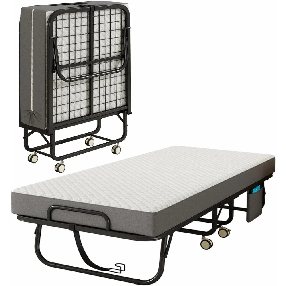 Folding Bed with Mattress for Adults, Portable Cot-Size Rollaway Bed, Metal Frame Foldable Guest Bed with Memory Foam Mattress