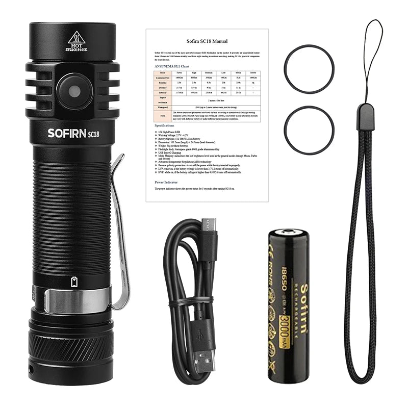 Sofirn SC18 1800lm EDC Flashlight USB C Rechargeable SST40 LED 18650 Torch TIR Optics Lens Lantern with Power Indicator