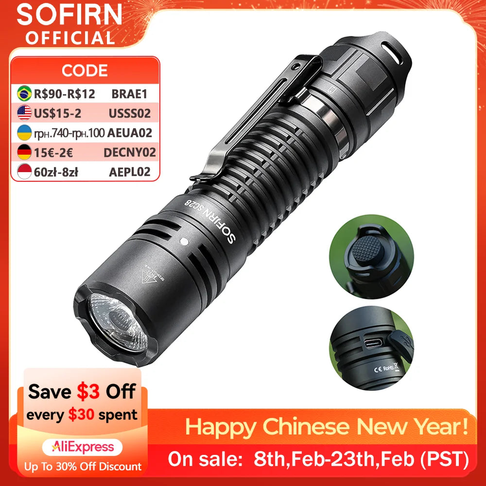 Sofirn SC28 Powerful Light Tactical XHP50B HD Rechargeable Flashlight 2800 Lumens Lantern EDC Torch IPX8 for Hunting Fishing