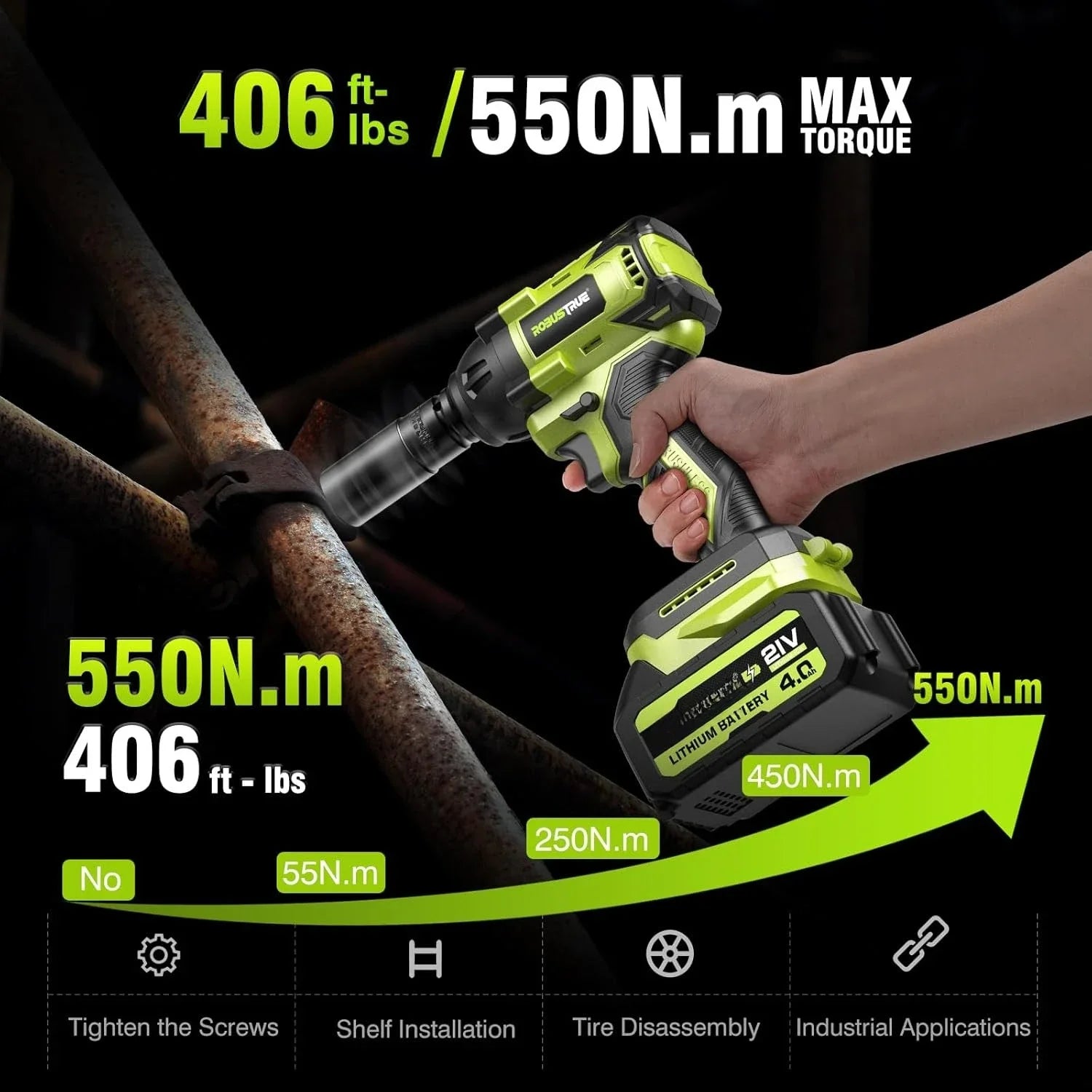 Cordless Impact Wrench, 406Ft-lbs (550N.m) Brushless 1/2 inch, 2800RPM High Torque Impact Gun, 2x 4.0Ah , Charger, 4 Sockets