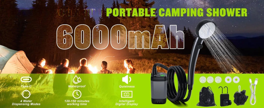 Portable Camping Shower Set Rechargeable Pump 6000mAh Outdoor Shower Kit with 20L Foldable Bag for Travel RV Garden Hiking