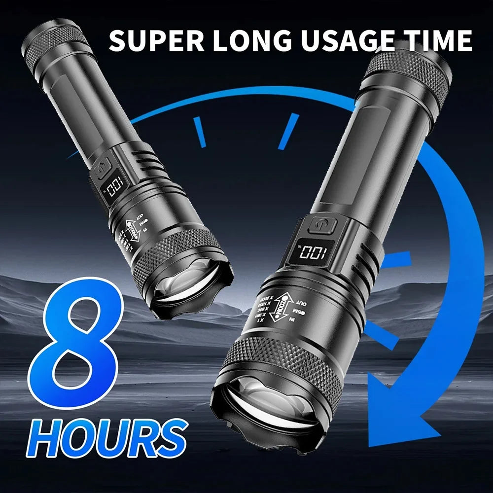 Super Powerful LED Flashlight Battery Display USB Rechargeable Light Telescopic Zoom Torch Lamp Outdoor Camping Fishing Lantern