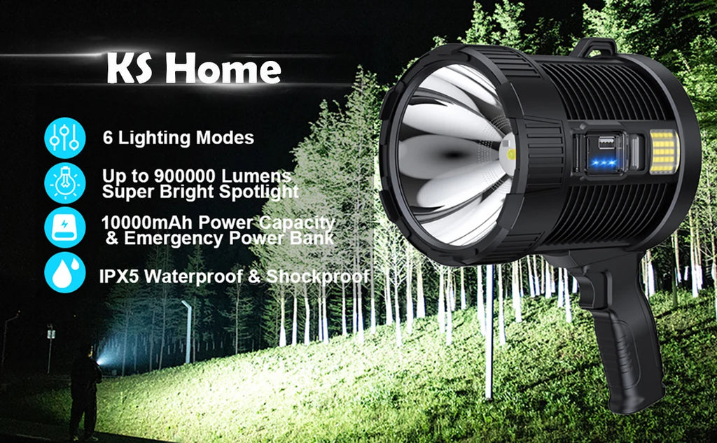 Rechargeable Spotlight 900000 Lumens Led Spot Lights Handheld Large Flashlight Super Bright Outdoor Solar Spotlights Searchlight