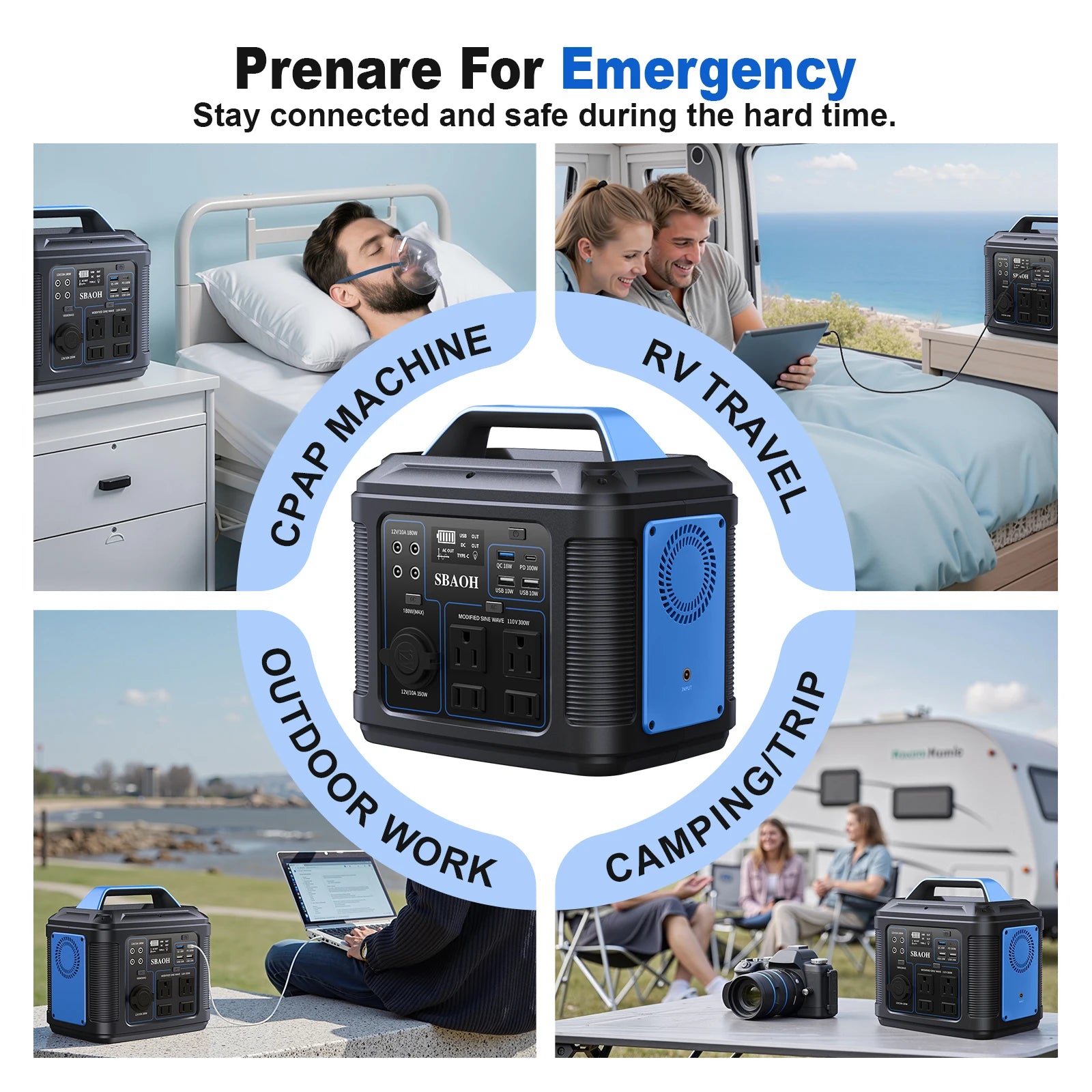 Portable Power Station 300W,296Wh 80000mAh Lithium Battery Power Solar Generator with 100W USB-C PD Output,110V AC Outlet