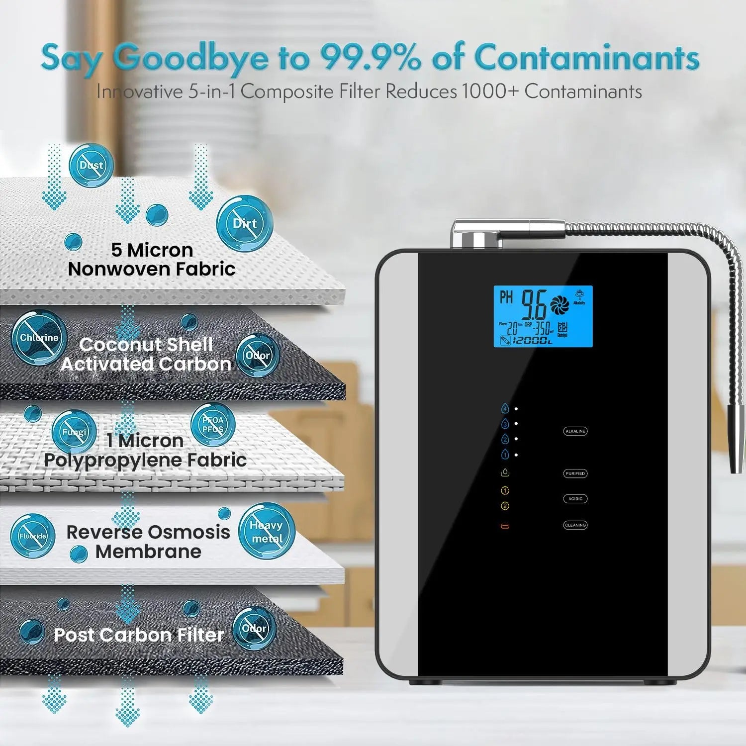 Water Ionizer Hydrogen Water Generator Machine Alkaline Acid Water Filter Auto-Cleaning, LCD Touch,