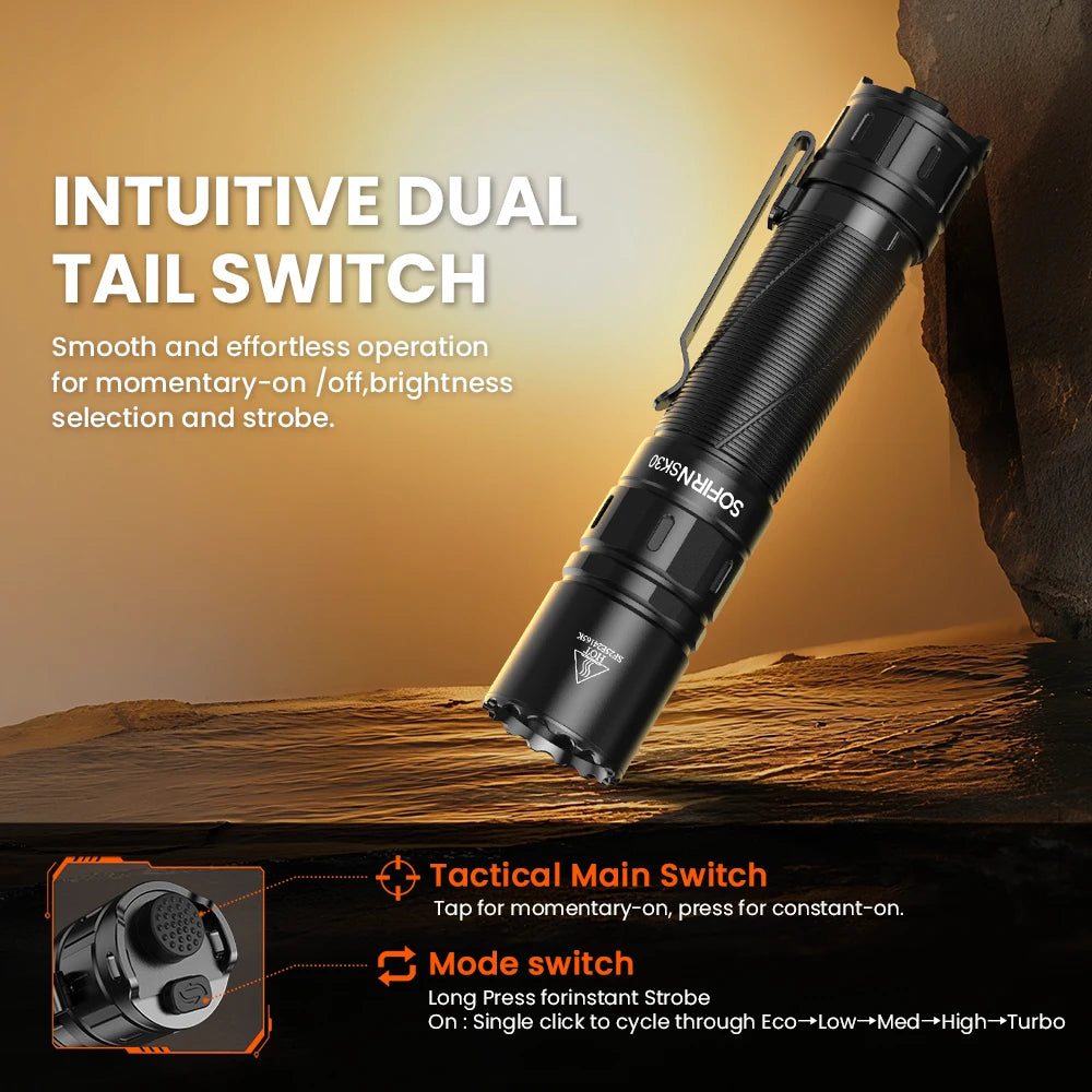 SOFIRN SK30 Tactical Rechargeable 6000K Flashlight 3000 High Lumen Pocket 21700 LED with Dual Tail Switches