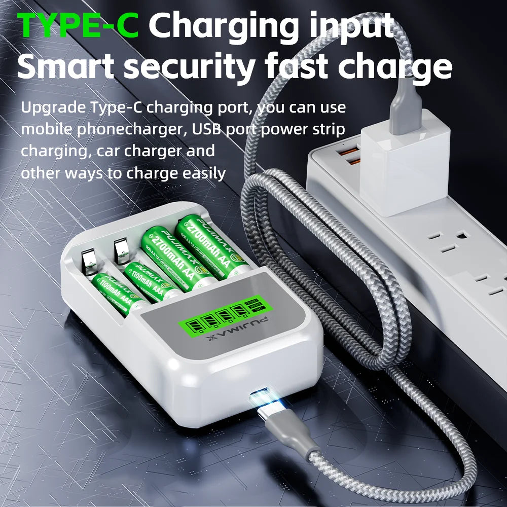 PUJIMAX 4 Slots LCD Display Intelligent Battery Charger For AA/AAA NiCd NiMh Rechargeable Batteries Fast Charging With Cable